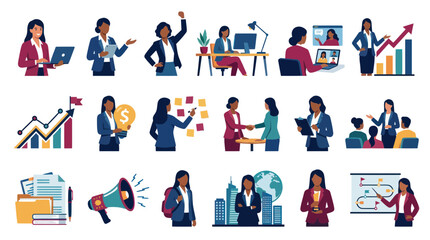 Fototapeta premium Flat Style Vector Icons of Businesswomen in Professional Settings, Finance Growth, and Teamwork