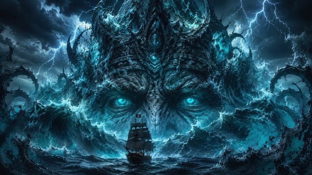 A colossal sea monster emerging from stormy ocean waves, threatening a solitary ship