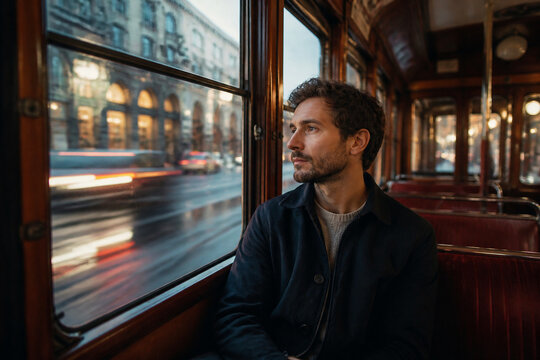 A man sits by a bus window, gazing at the passing city lights. A quiet, reflective mood inside a dim interior conveys urban travel and an evening commute on the road.