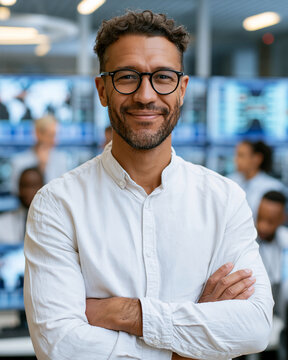 Confident man smiles warmly in modern office setting. He wears glasses and a crisp white shirt. His arms are crossed, exuding calm professionalism. Background shows blurred colleagues