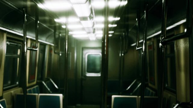 A subway train is empty with no passengers. The lights are on, and the seats are visible. The time is late at night. The atmosphere is quiet and still.