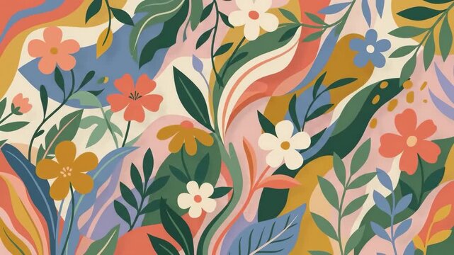 A stylish 70s-inspired retro floral vector pattern featuring abstract wavy lines, colorful blossoms, and stylized green leaves. Great for vintage textile prints, bohemian wallpaper, eco-friendly produ