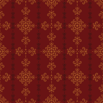 seamless damask pattern. Rich deep red damask seamless pattern decorated with warm golden orange vintage ornaments and vertical patterns.