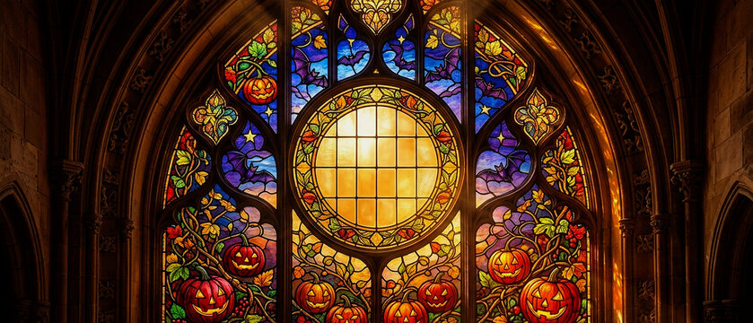Gothic Cathedral Stained Glass Halloween Background with Sunbeams and Copy Space