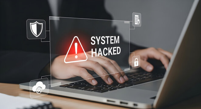 Business Professional Dealing with a Critical Cybersecurity Breach and System Hacked Warning Notification on Laptop Screen in Digital Office Environment