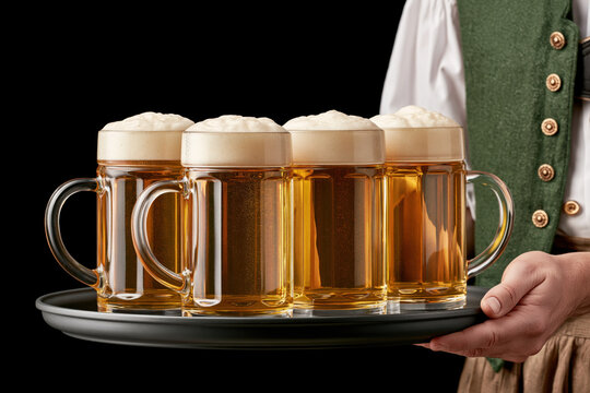Beer stein tray hand amber beverage glass foam traditional clothing hospitality scene with hand presenting round tray of four frothy beer steins, warm amber drink, and traditional clothing against
