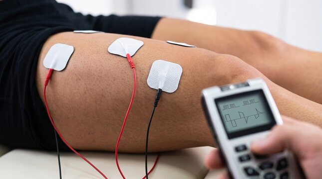 Neuromuscular Electrical Muscle Stimulation EMS Electrodes on Thigh