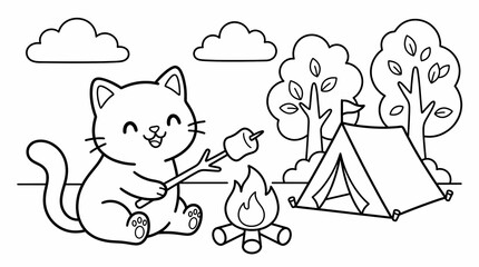 Naklejka premium Cute cat roasting a marshmallow by a campfire at a campsite, coloring book page illustration.