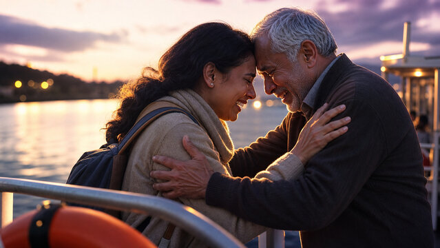 Smiling senior man and young woman embracing tightly on boat deck. Sunset light creates warm mood. Concept of love, family, and connection during a romantic evening journey together outside.