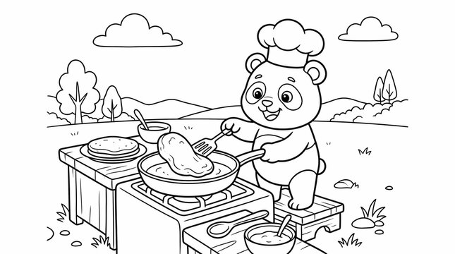 Cute cartoon panda chef cooking food outdoors for a children's coloring book page.