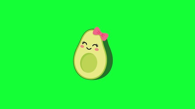 Avocado girl animated smiling cute fruit mascot with ribbon in 4k green screen background