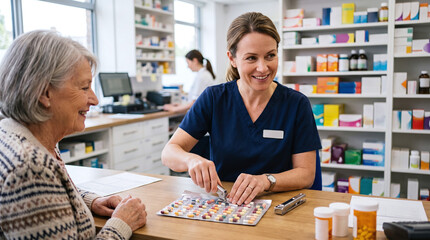 Fototapeta premium Friendly pharmacist explaining weekly blister pack medication to senior woman