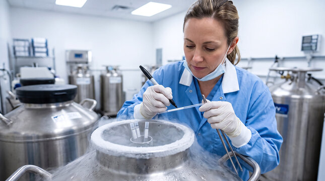 Female scientist labeling a cryo straw over a liquid nitrogen tank in a lab.