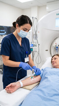 Nurse connecting contrast injector line to patient's arm before CT scan