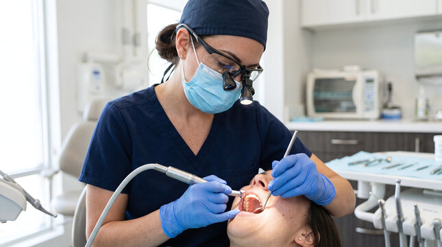 Female dentist wearing protective loupes performing treatment on a patient