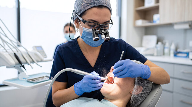 Professional female dentist using magnifying loupes during patient treatment