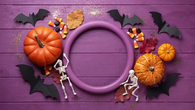 Halloween wreath with pumpkins bats skeletons and colorful autumn decorations