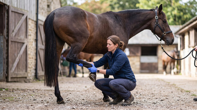Female veterinarian performing flexion test on a bay horse at a stable.