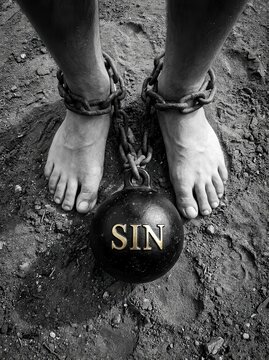 Metaphorical Image of Bare Feet Shackled to a Heavy Ball and Chain Labeled SIN Representing Guilt and Burden