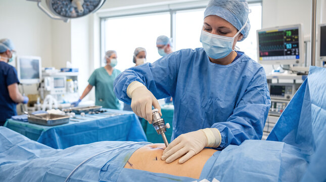Surgeon inserting a laparoscopic trocar port during surgery in operating room.