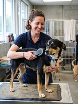 Smiling female vet tech scanning a dog with a microchip reader at a shelter