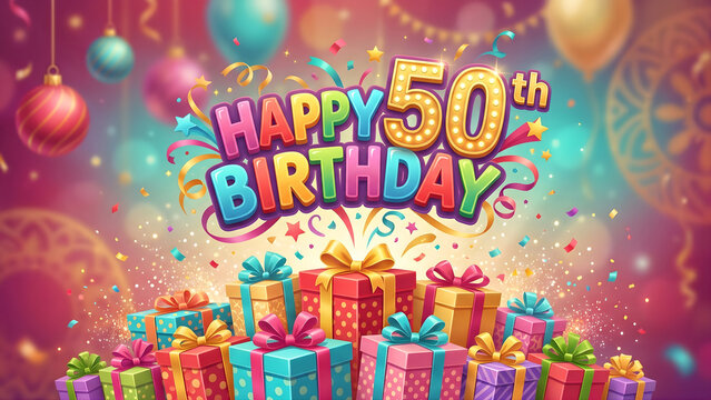 Bright 50th Birthday Party with Colorful Gifts and Balloons