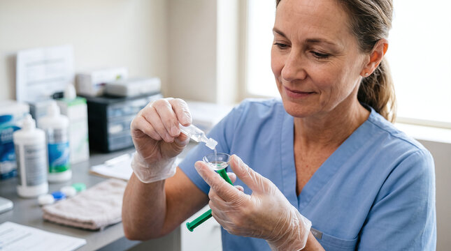 Female optometrist filling a scleral contact lens with saline solution.