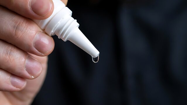 Close-up of a hand holding a white medical dropper bottle with a single clear liquid drop for health treatment