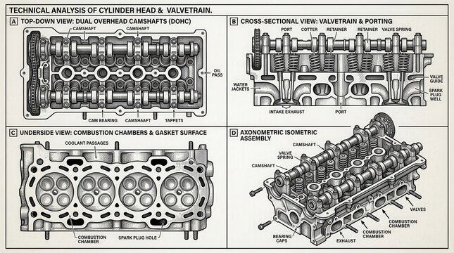 Vintage Technical Illustration of an Internal Combustion Engine Cylinder Head and Valvetrain Assembly with Multiple Views