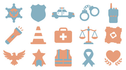 Collection of flat design icons representing law enforcement, emergency services, and justice, featuring badges, vehicles, tools, and symbolic elements.