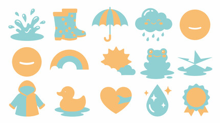 A collection of cute two-tone weather and rain-themed icons including boots, umbrella, cloud, sun, rainbow, frog, duck, and water drops.