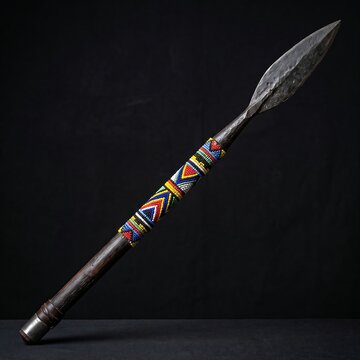 Traditional African Zulu Beaded Assegai Spear: A short Zulu stabbing spear (Assegai) with a hand-forged iron blade, 