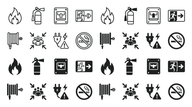 Fire safety and emergency evacuation icons set featuring extinguishers alarms assembly points emergency evacuation