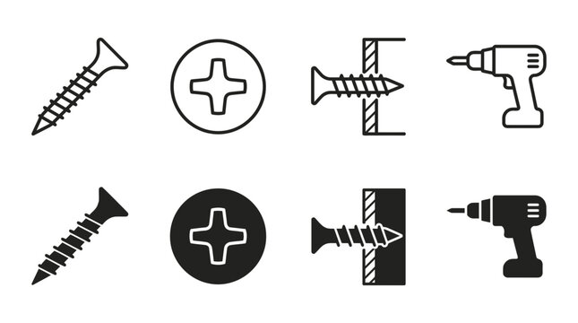 Set of vector icons showing wood screws crosshead screw head screw penetrating wood board cordless electric screwdriver