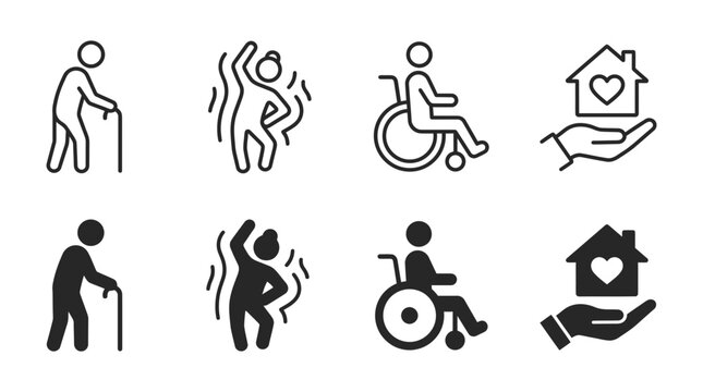 Set of elderly care and senior support line icons featuring cane usage gymnastics wheelchair and home care symbol