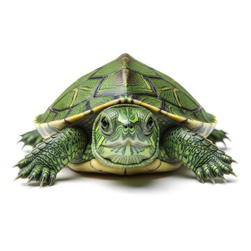 Small green turtle with detailed shell pattern and textured skin looking directly at the camera in a professional studio photography shot