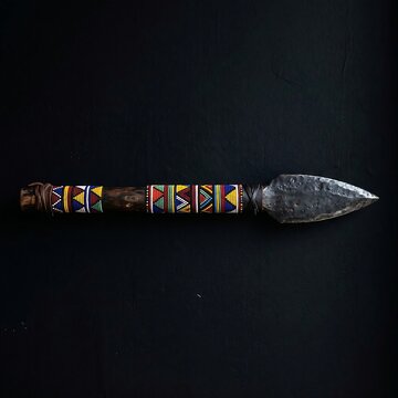 Traditional African Zulu Beaded Assegai Spear: A short Zulu stabbing spear (Assegai) with a hand-forged iron blade, 