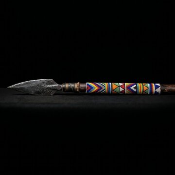 Traditional African Zulu Beaded Assegai Spear: A short Zulu stabbing spear (Assegai) with a hand-forged iron blade, 