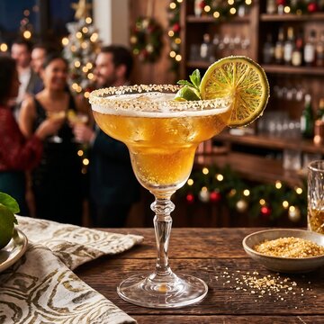 Golden margarita in a salted-rim glass with a slice of candied lime, Margarita, salted rim, candied lime, gold tones, festive, holiday drinks, party drinks, bar drinks, healthy drink, 