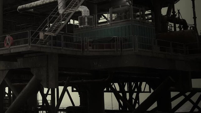 An oil rig is positioned in the water at sunset. Machinery and structures are visible on the platform. The sky has darker tones as the sun sets behind the horizon.