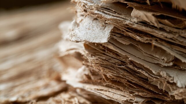 Side Angle Close-up of Stacked Fibrous Handmade Recycled Paper Sheets with Torn Deckled Edges