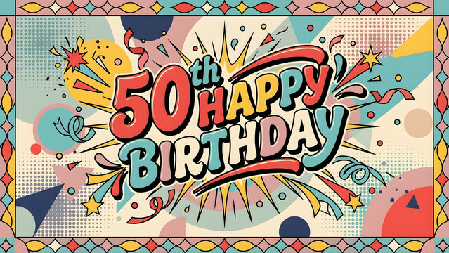 Pop Art 50th Birthday Typography with Retro Geometric Burst