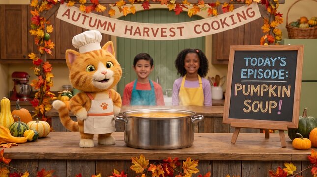 Puppet cat chef and children cooking pumpkin soup in autumn harvest kitchen