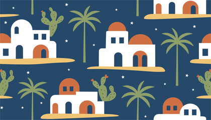 Naklejka premium Seamless pattern featuring traditional white Mediterranean houses, palm trees, and green cacti under a starry night.