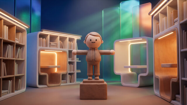 次世代スマート図書館に佇むクレイ風マスコットキャラクターの3D画像