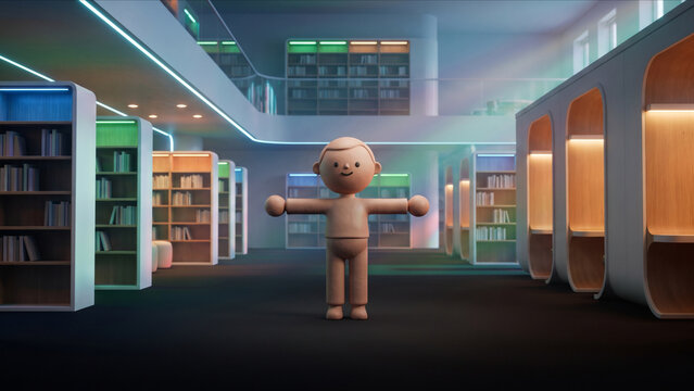次世代スマート図書館に佇むクレイ風マスコットキャラクターの3D画像