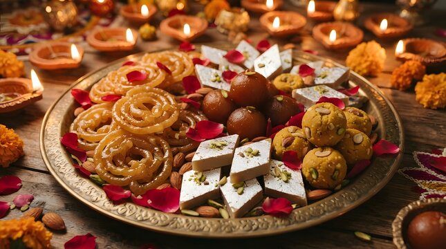 Assorted indian sweets platter featuring jalebi, gulab jamun, laddu, and kaju katli decorated with rose petals for a festive celebration