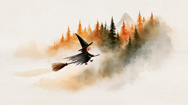 A whimsical witch flies on a broomstick above misty autumn pine trees, blending fantasy with nature in a soft watercolor style.