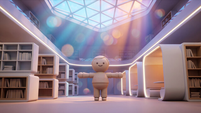 次世代スマート図書館に佇むクレイ風マスコットキャラクターの3D画像