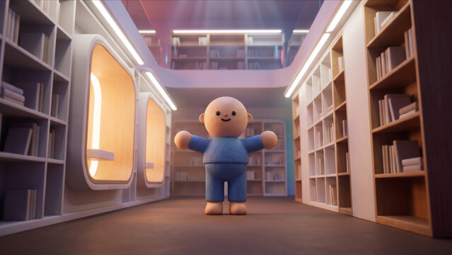 次世代スマート図書館に佇むクレイ風マスコットキャラクターの3D画像